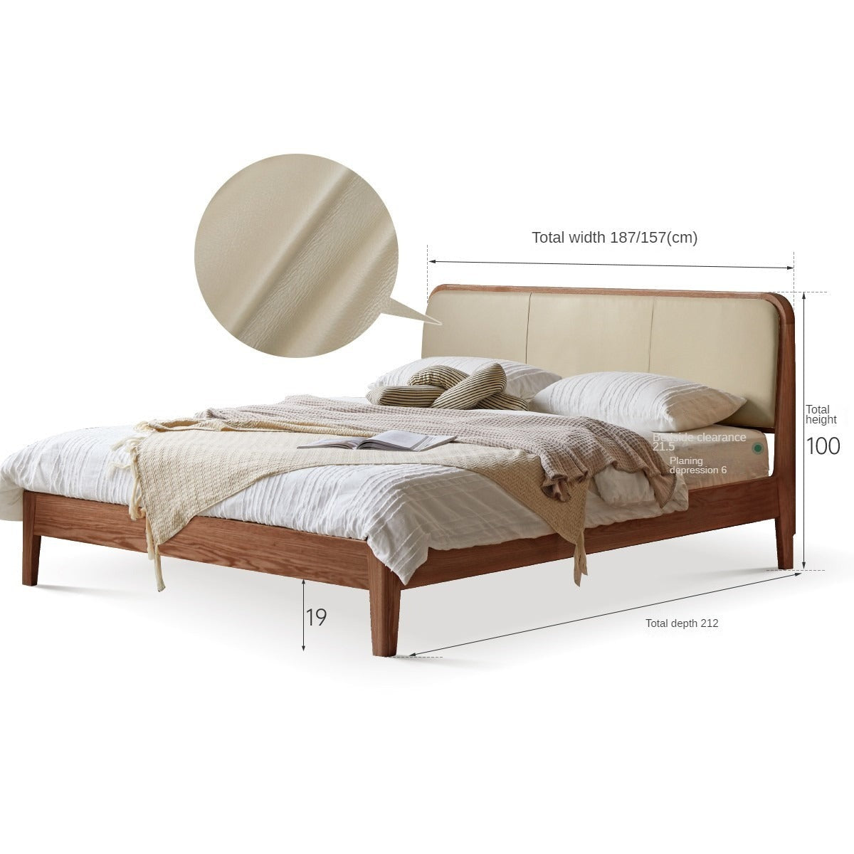 Oak Solid Wood Bed Modern Genuine Leather,Technology Cloth, Fabric