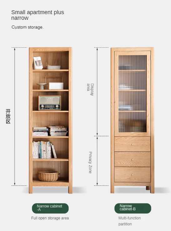 Oak Solid Wood Bookcase With Glass Door.