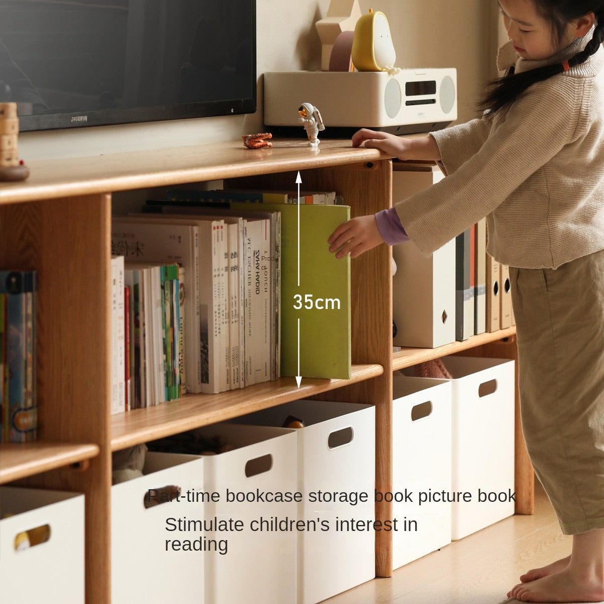 Oak, Solid Rubberwood TV Cabinet Minimalist Children's Toy Storage.