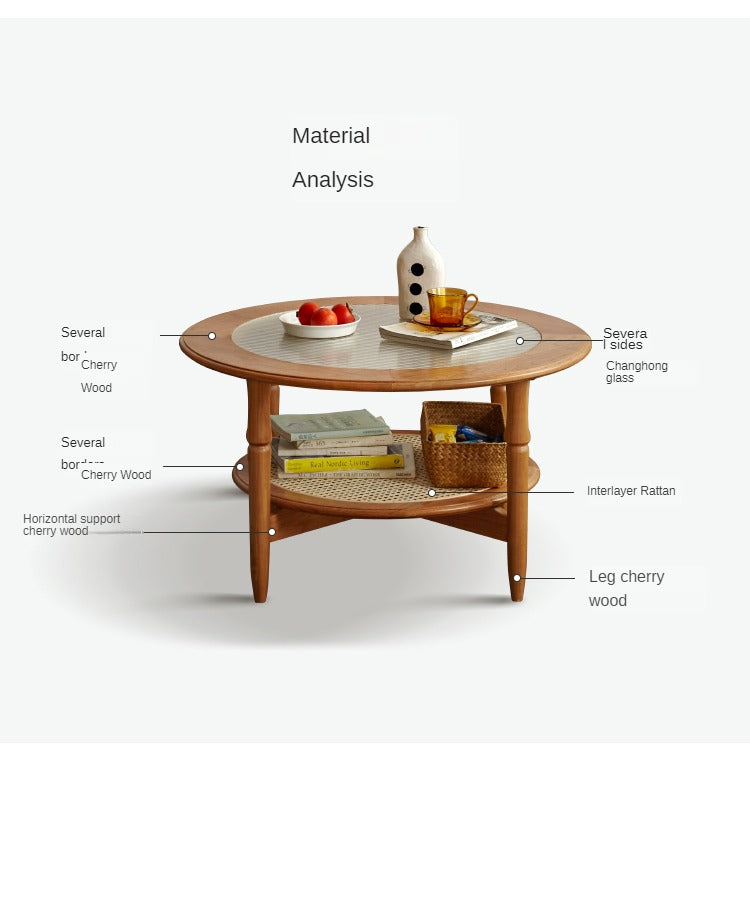 Cherry Wood Solid Wood Glass Round Coffee Table
