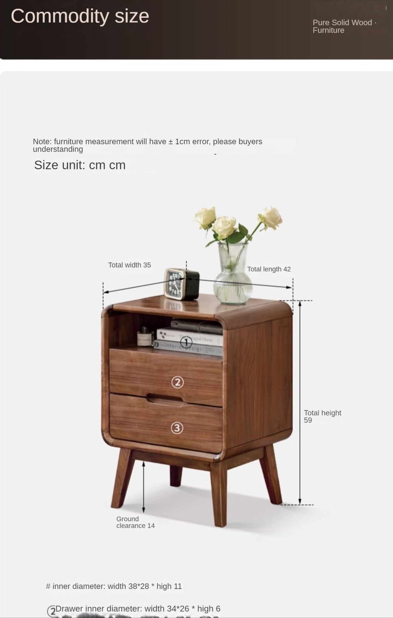 Black Walnut Solid Wood Modern Storage Small Nightstand