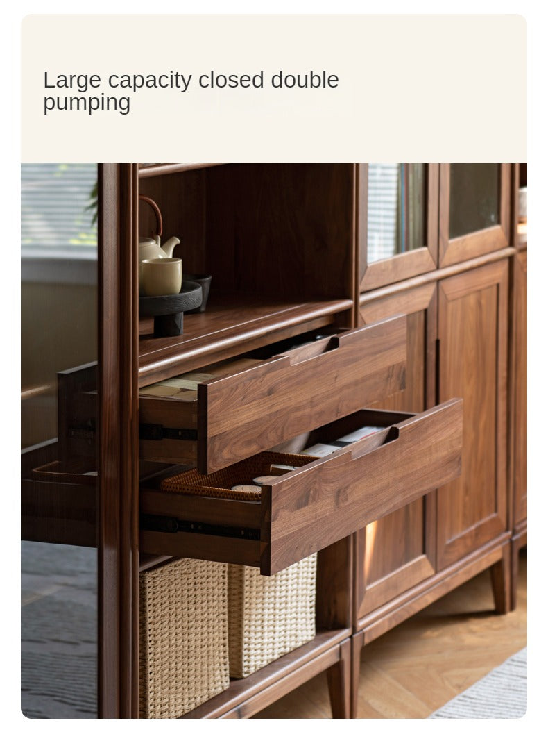 Black Walnut, Ash Solid Wood Combination Dust-Proof Glass Door Bookshelf