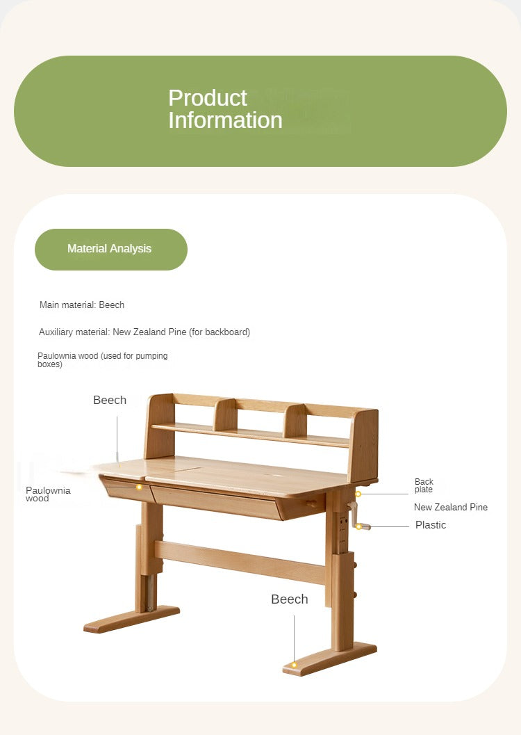 Beech Solid Wood Lifting Kids Table With Self/Chair/High Shelf