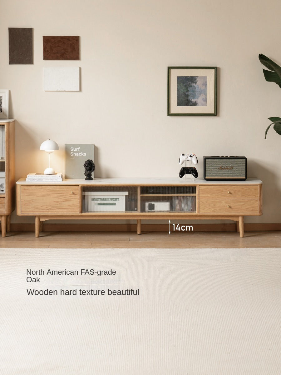 Oak, Poplar, Beech Solid Wood Sliding Door TV Stand With Rock Slab Surface.