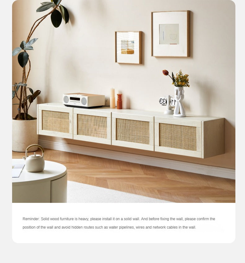 Oak Solid Wood Rattan Suspended TV Cabinet.