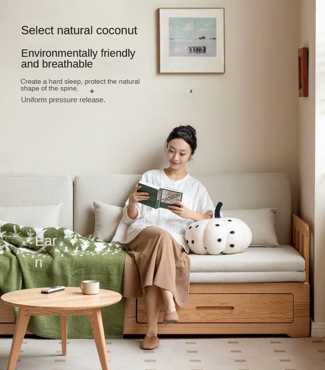Oak Solid Wood Sofa Bed Folding Retractable Storage.