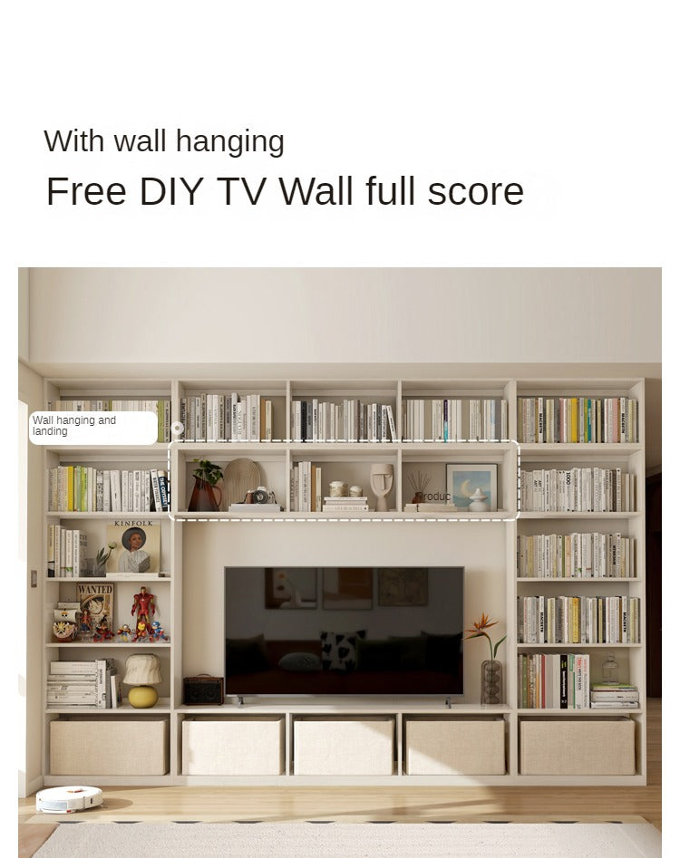 Oak Solid Wood Bookshelf Storage Rack Cream Style Full Wall Cabinet