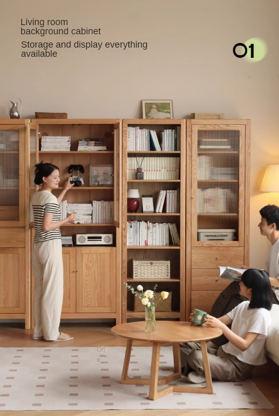 Oak Solid Wood Bookcase With Glass Door.