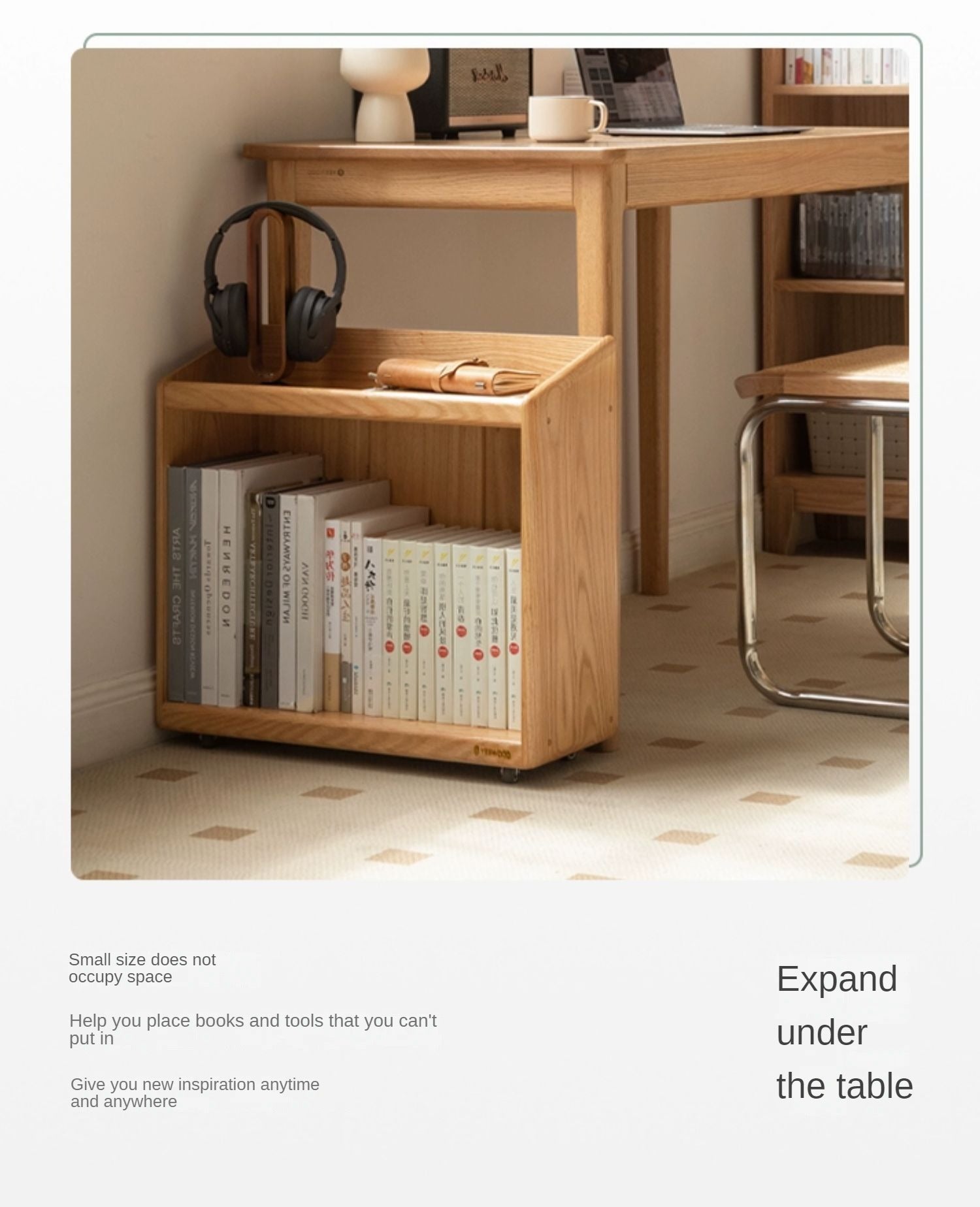Oak, Solid Rubberwood Under-Table Bookshelf Movable