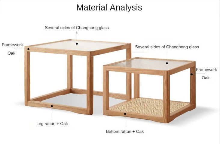 Oak, Beech Solid Wood, Glass Rattan Coffee Table