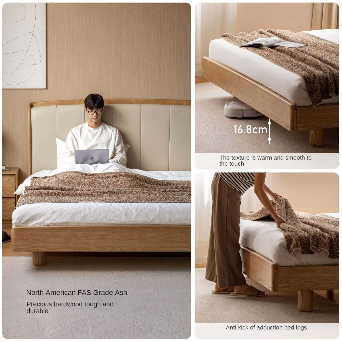 Ash Solid Wood Genuine Leather High Soft Back Bed