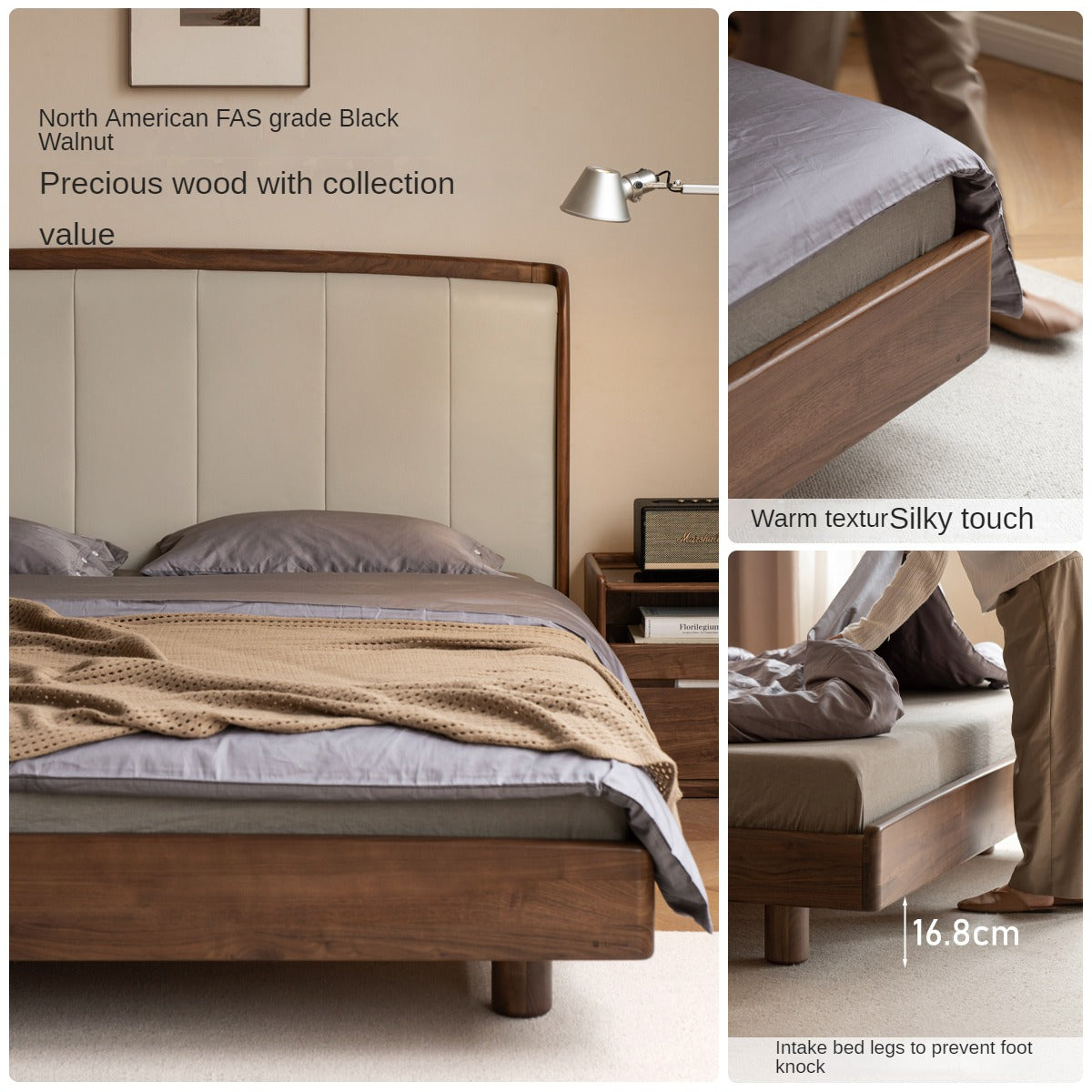 Black Walnut, Ash Solid Wood Leather Simple High Soft Back Bed