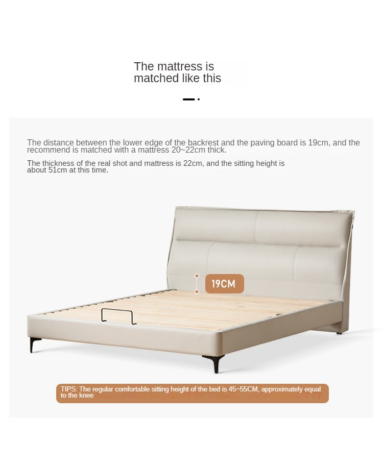Genuine Leather Bed Cream First Layer Cowhide High Backrest Bed