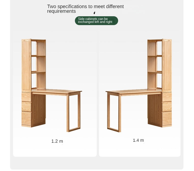 Oak Solid Wood Desk with Bookshelf and Drawer