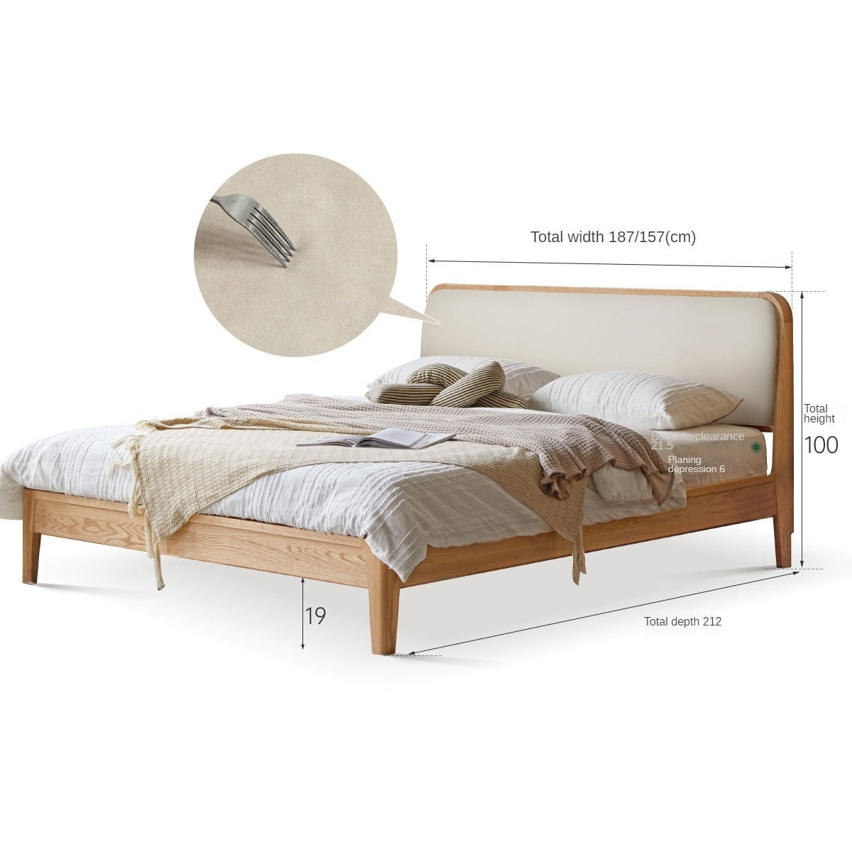 Oak Solid Wood Bed Modern Genuine Leather,Technology Cloth, Fabric