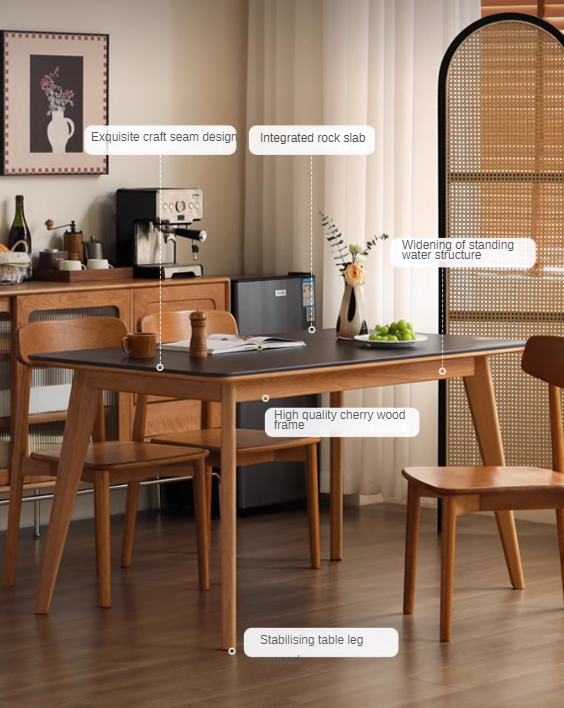 Cherry Solid Wood Retro Rock Plate Long Dining Table.