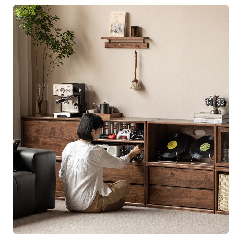 Black Walnut, Oak Solid Wood TV Cabinet Modern Module Combination Storage.