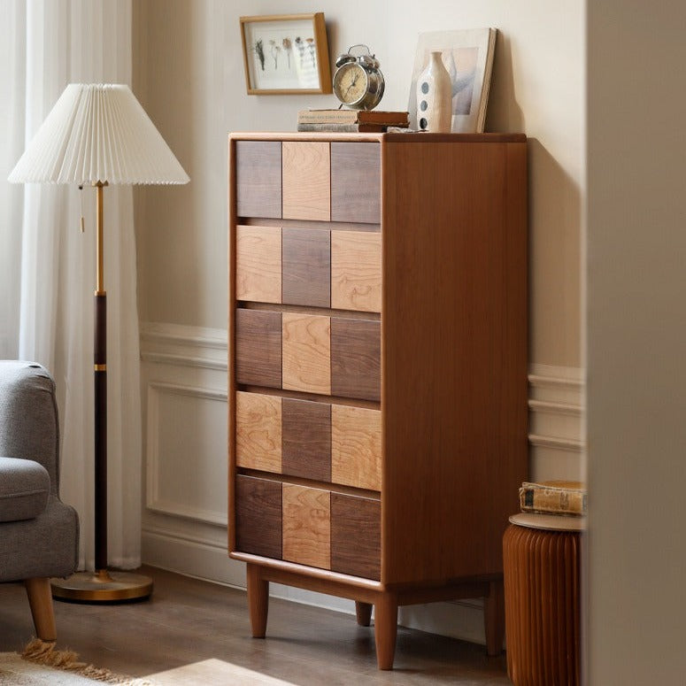 Cherry Solid Wood Retro Chest of Drawers Checkerboard