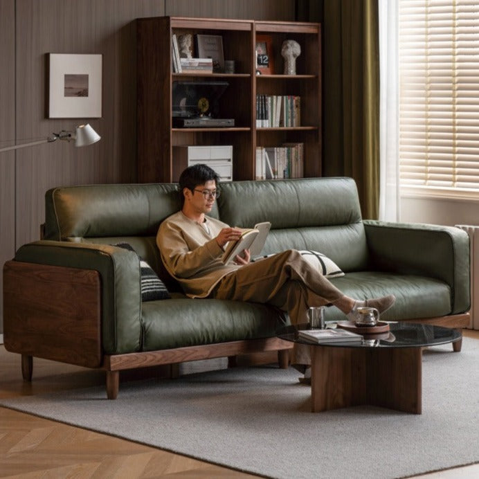 Black Walnut, Ash, Solid Sandalwood Wood Sofa with Genuine Top-Grain Yellow Cowhide Leather,fabrics