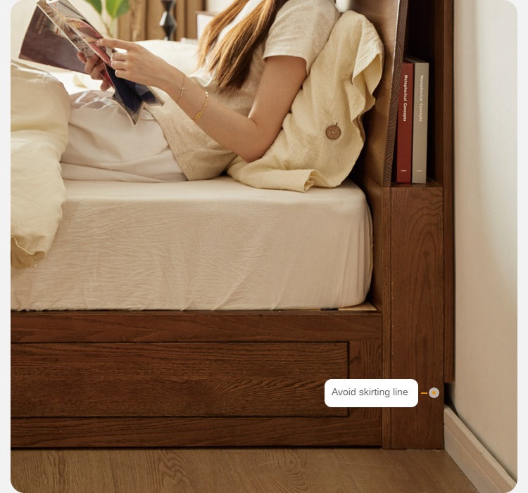 Oak, Rubberwood Solid Wood, Multifunctional Storage Box Bed