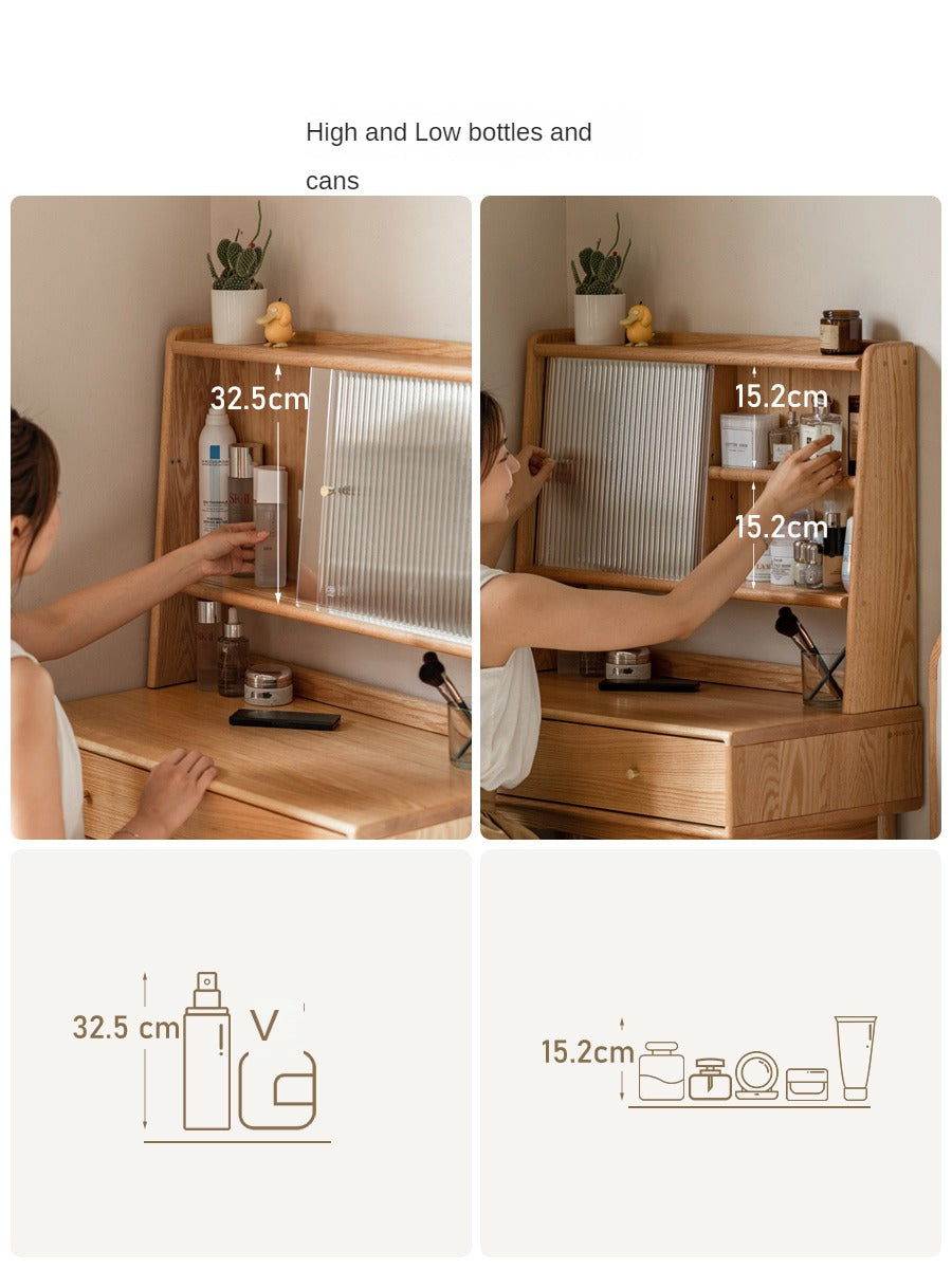 Oak Solid Wood, Solid Rubberwood Vanity Table Hidden Makeup Mirror.