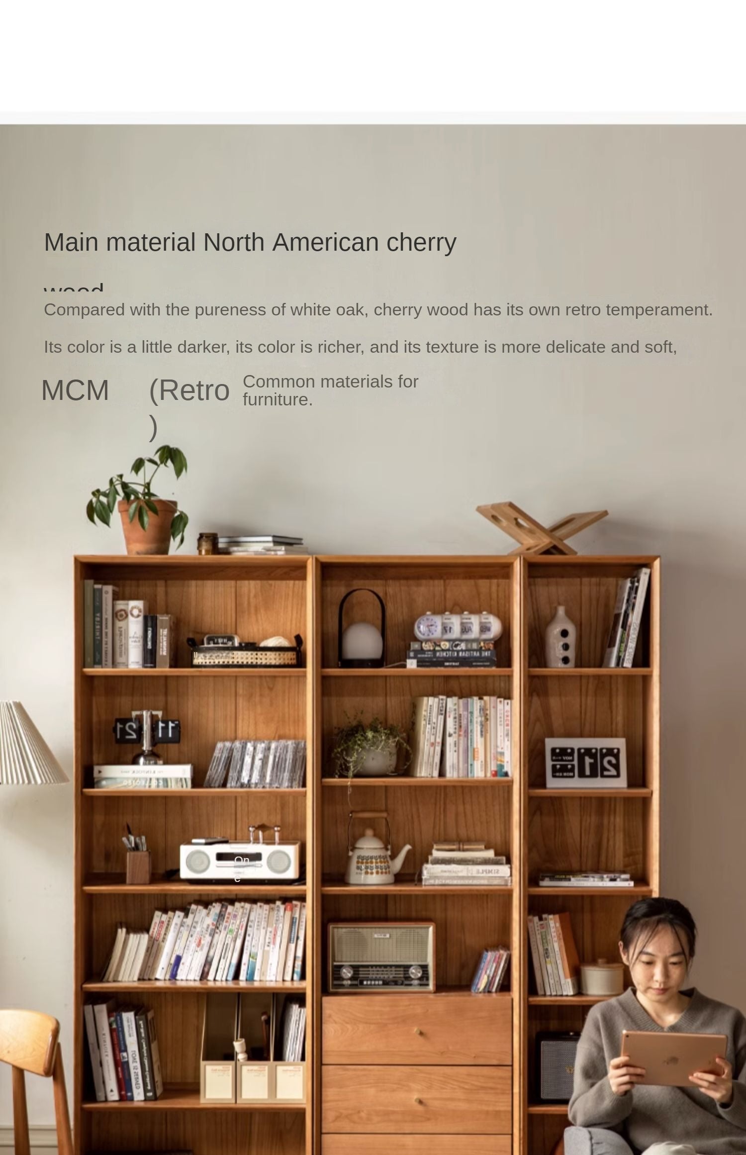 Cherry Wood Combination Bookcase Floor Shelf Glass Door Bookcase