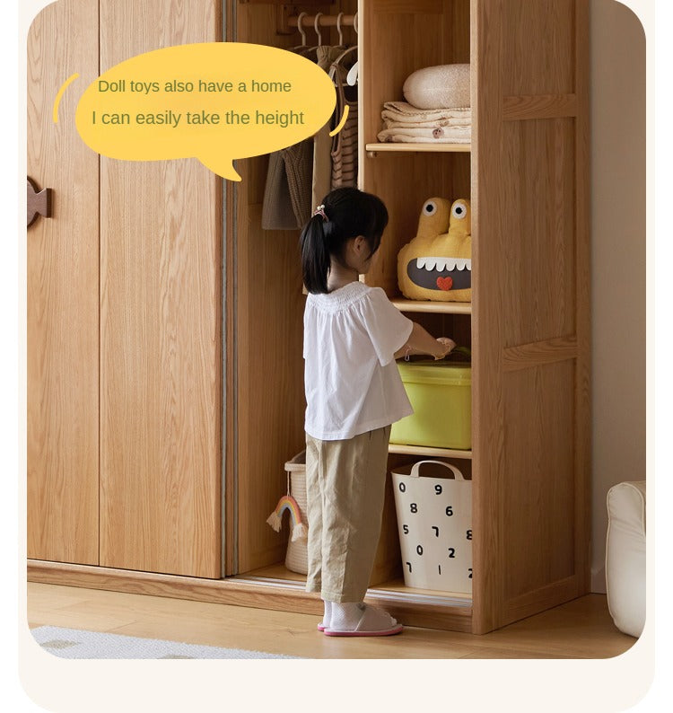 Oak Solid Wood Children's Sliding Door Wardrobe Storage Cabinet
