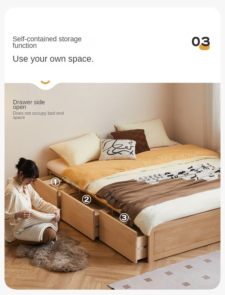 European Beech solid wood platform bed, headboard-free bed with drawer box bed.