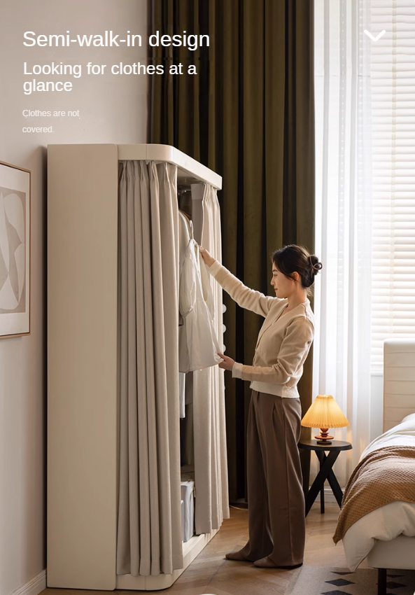 Poplar Solid Wood White Cream Walk-in Curtain Wardrobe.