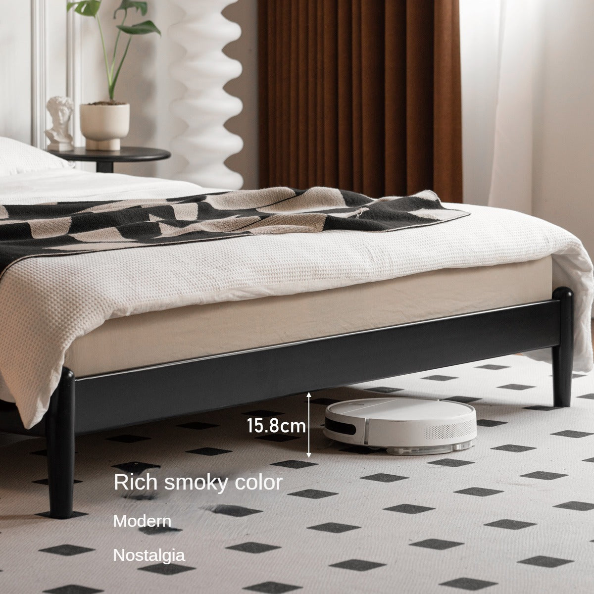 Rubber wood, Poplar Solid Wood Bed French Retro Style Black Harp Bed