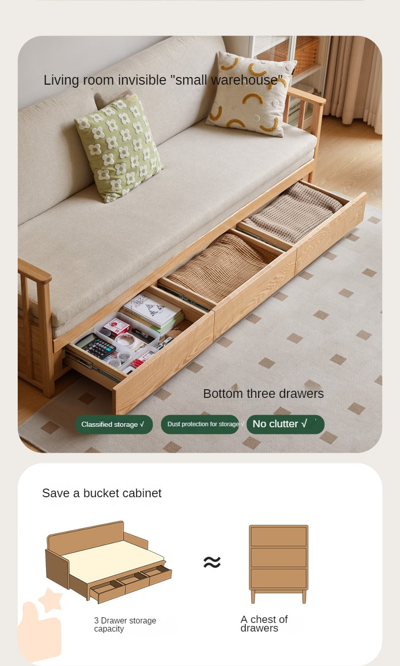 Oak Solid Wood Sitting and Sleeping Dual-purpose Storage Sofa.
