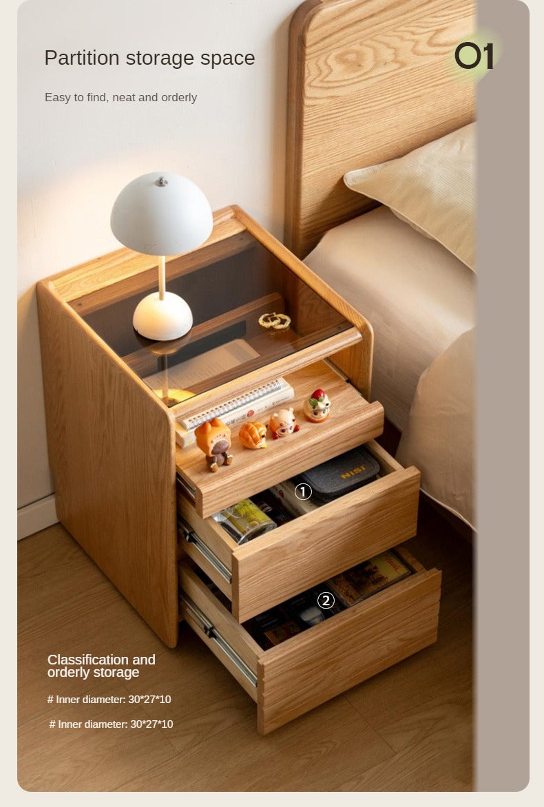 Ash, Oak Solid Wood Movable Glass Small Nightstand