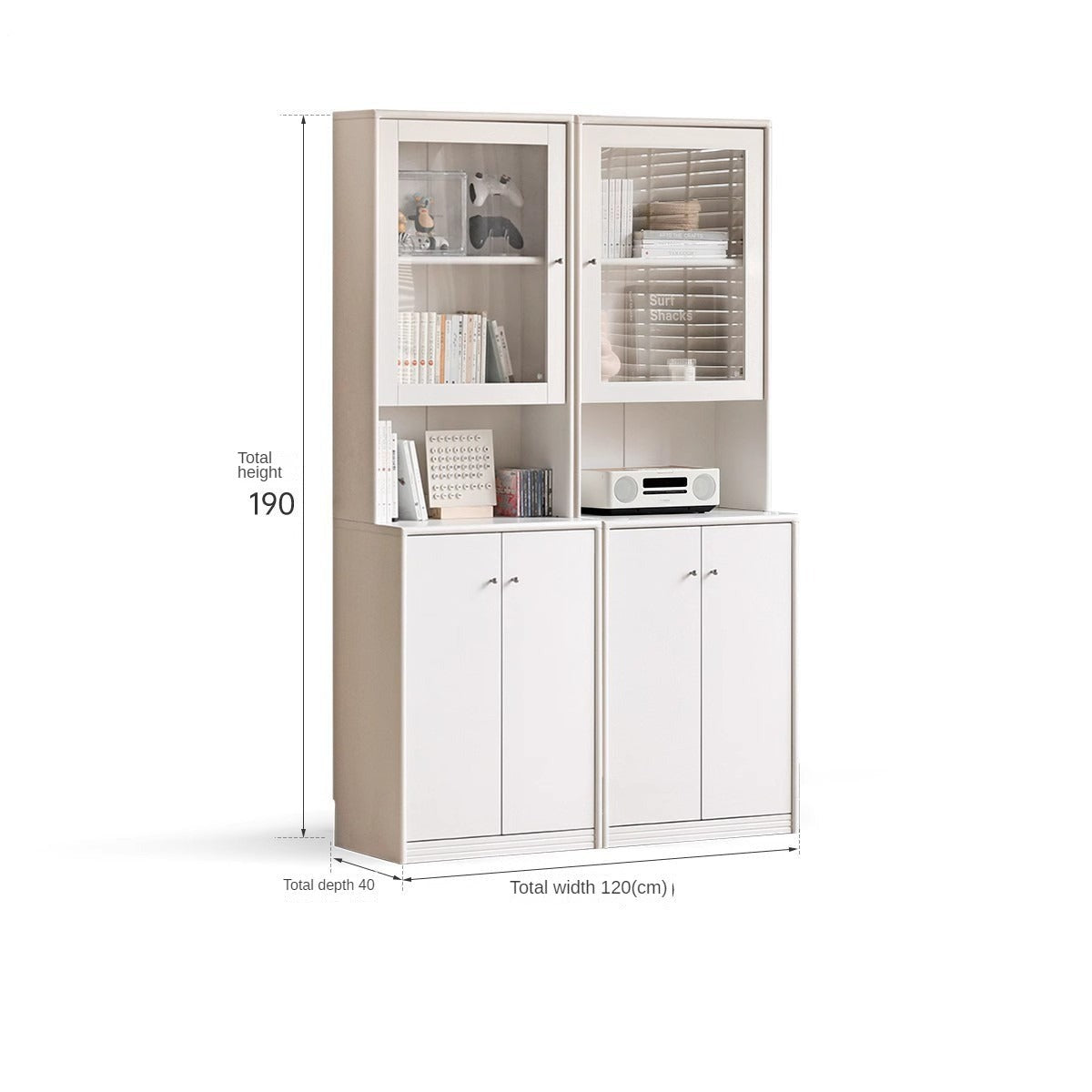Poplar Solid Wooden Bookcase Cream White Free Combination Glass Door Display Cabinet
