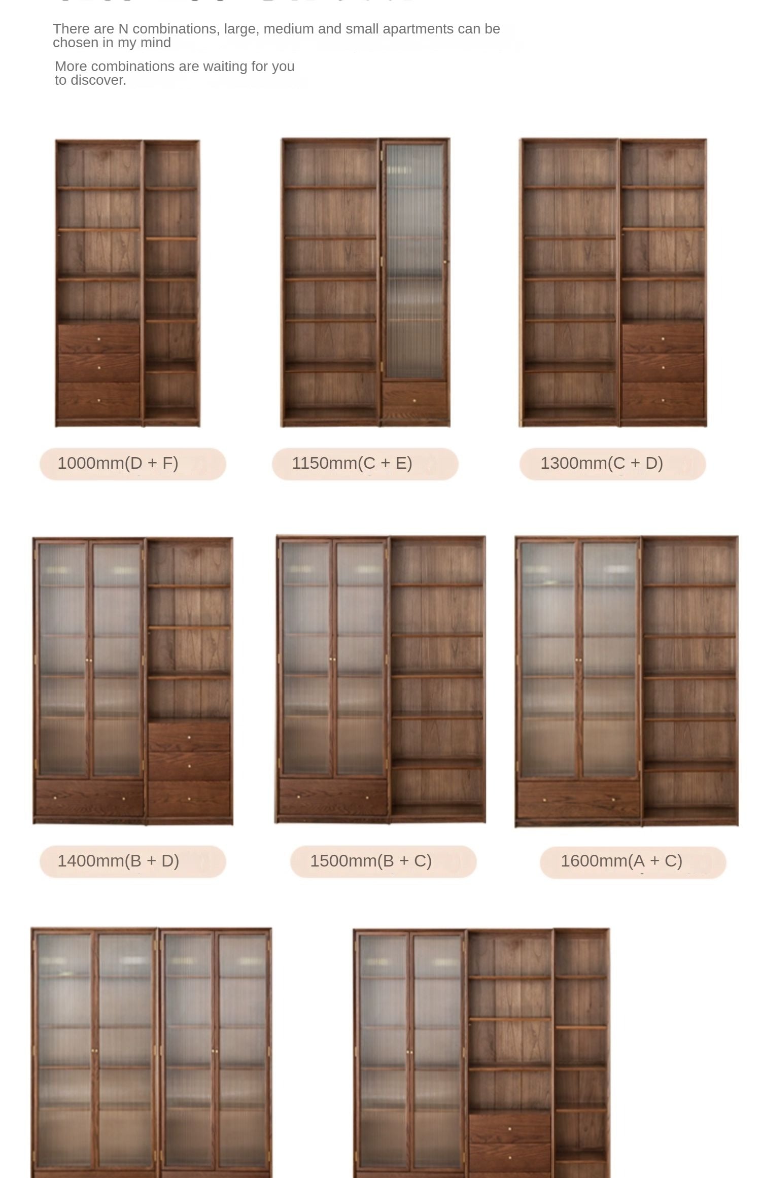 Oak, Ash Solid Wood Modular Bookcase with Glass Doors