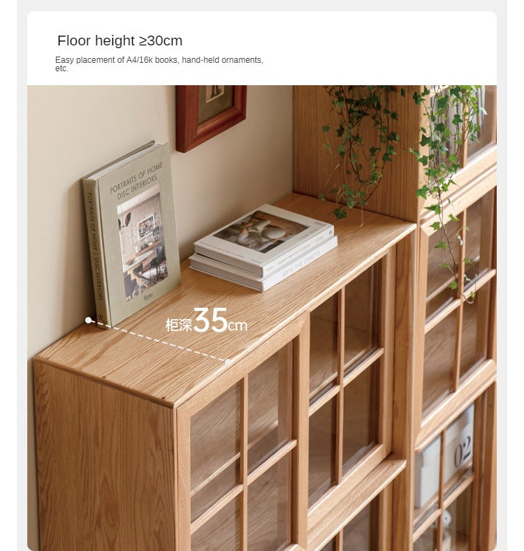 Oak Solid Wood Bookcase Floor to Floor Free Combination Sliding Door