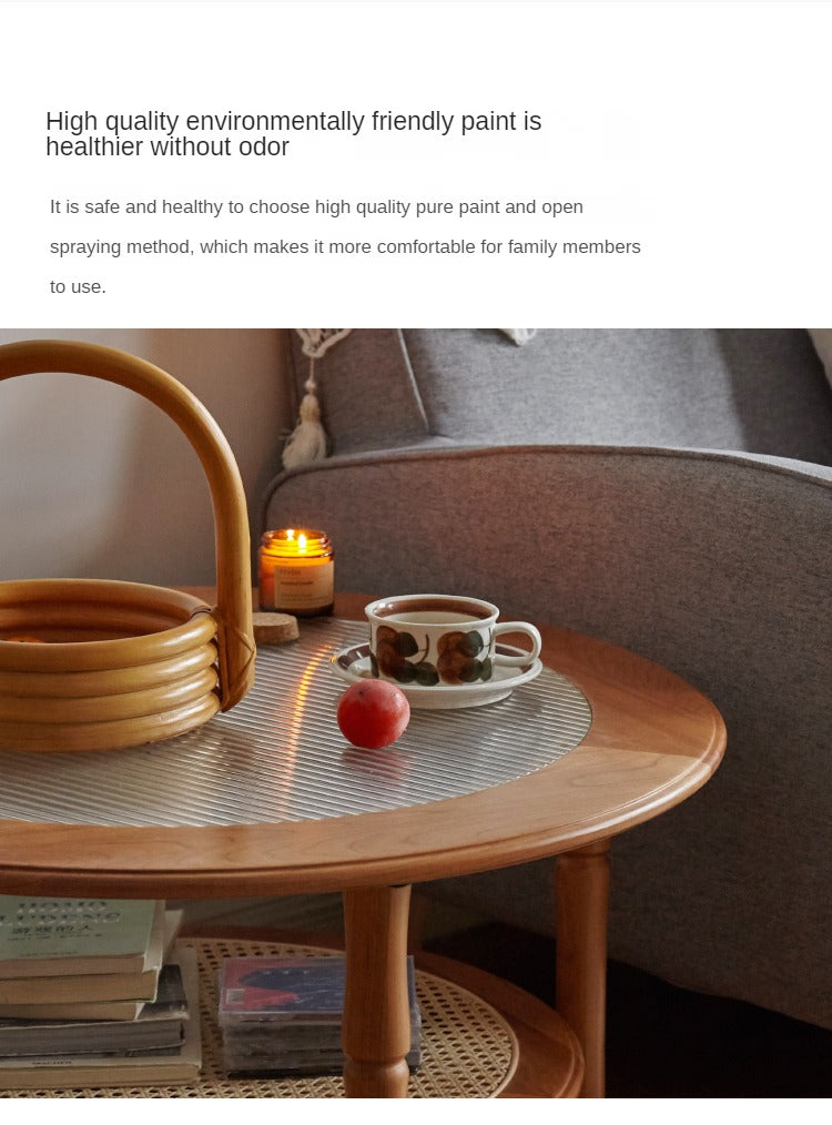 Cherry Wood Solid Wood Glass Round Coffee Table