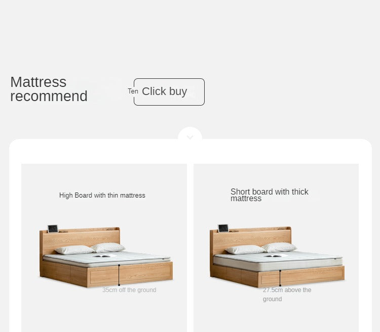 Oak Solid Wood Drawer Storage Bed with Sockets Box Bed