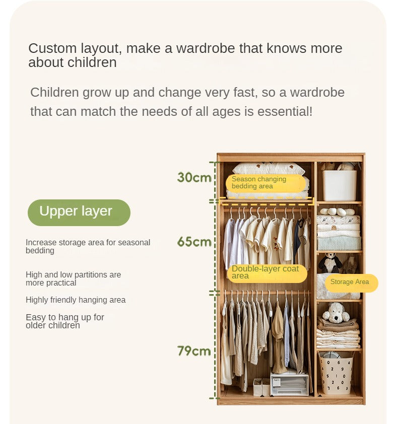 Oak Solid Wood Children's Wardrobe Combination