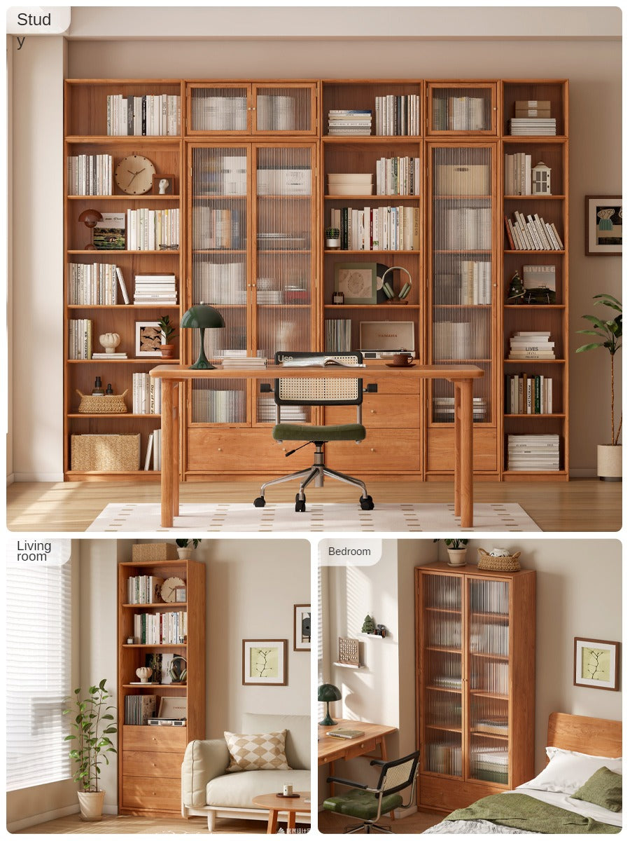 Cherry Wood Combination Bookcase Floor Shelf Glass Door Bookcase