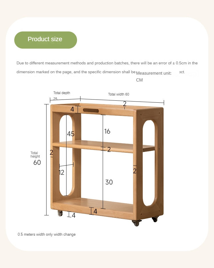 Beech Solid Wood Children's Under-Table Bookshelf with Wheels