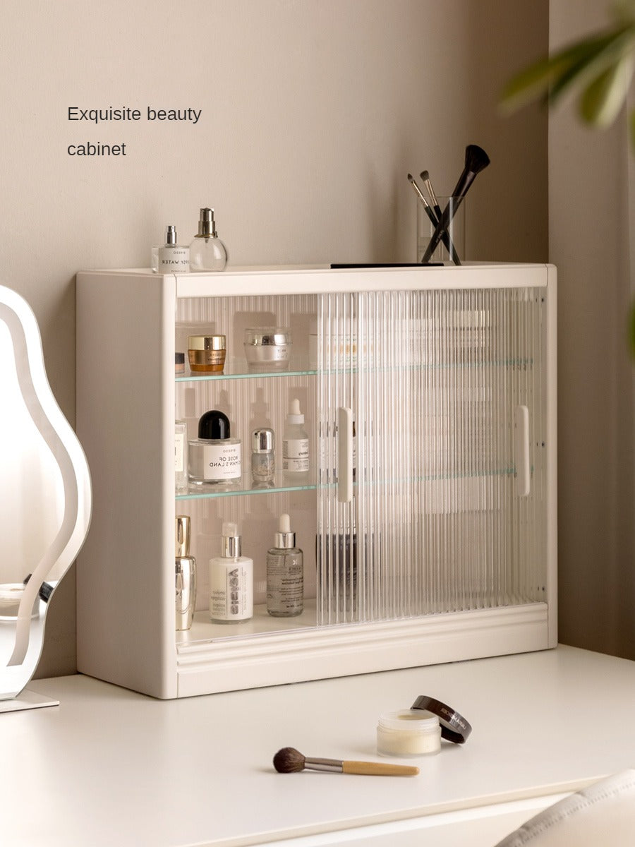 Solid Rubberwood Desktop Storage Cabinet Glass Sliding Door