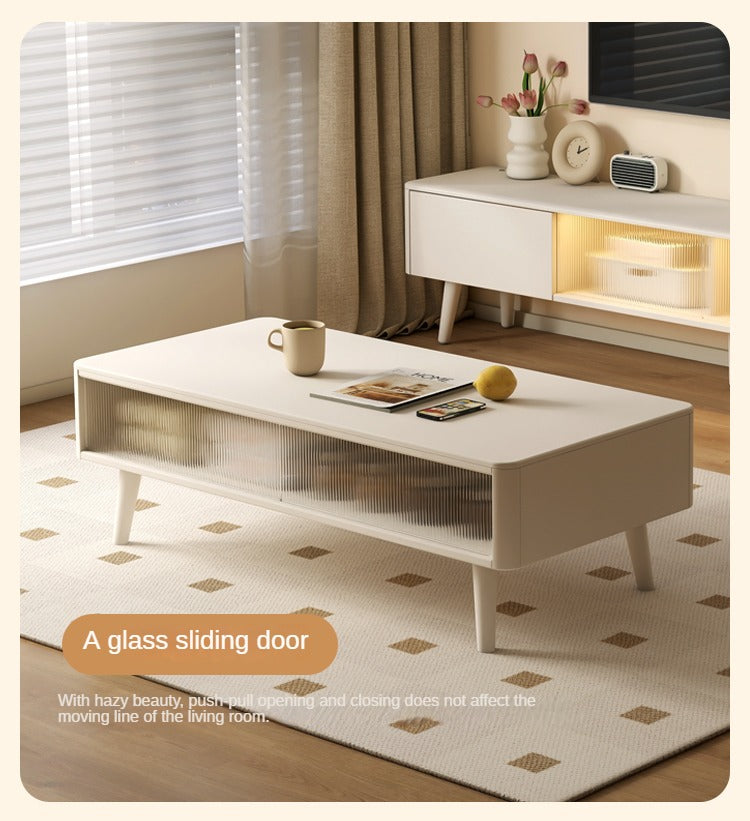 Rubber Solid Wood White Cream Style Rock Plate Coffee Table