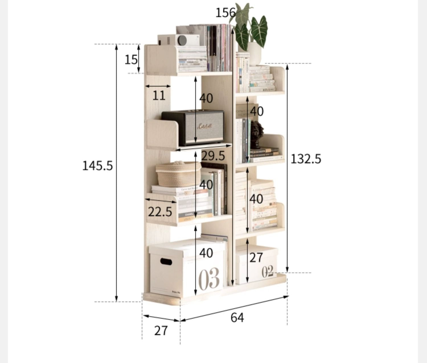 Oak Solid Wood Floor to Floor Cream Cactus Shelf Corner Bookcase Display<