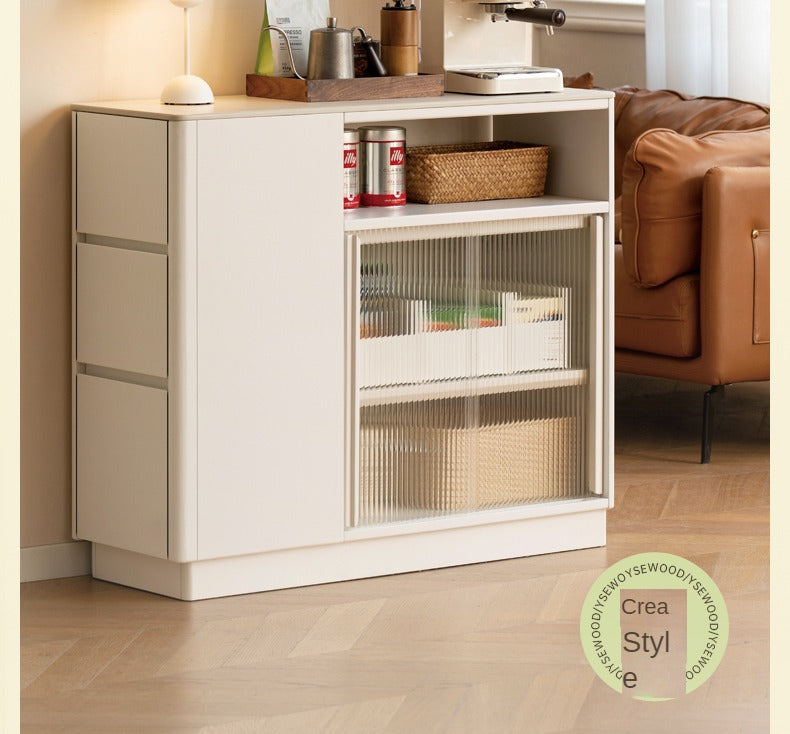 Poplar Solid Wood Partition Dining Cabinet, White Cream Rock Board