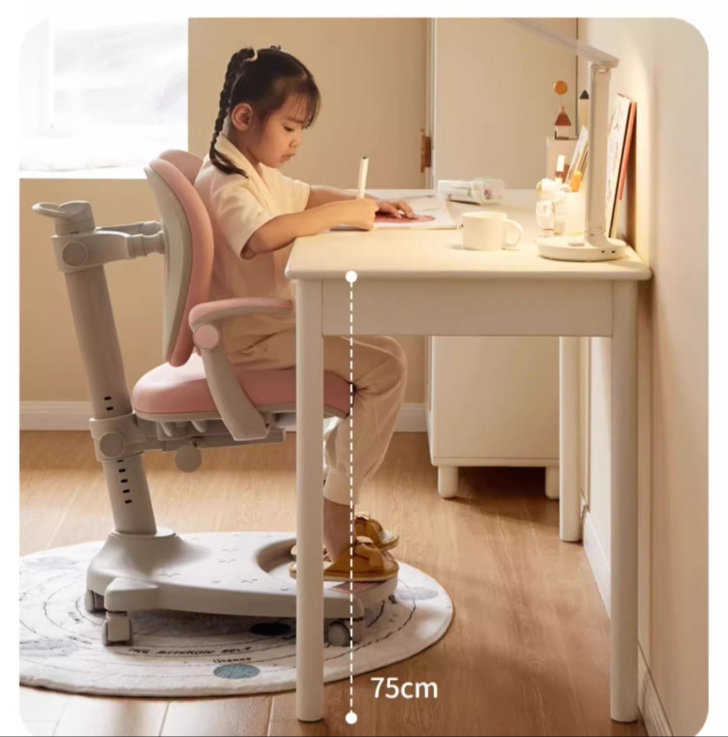 Rubber Solid Wood Cream Style Children's Writing Desk.