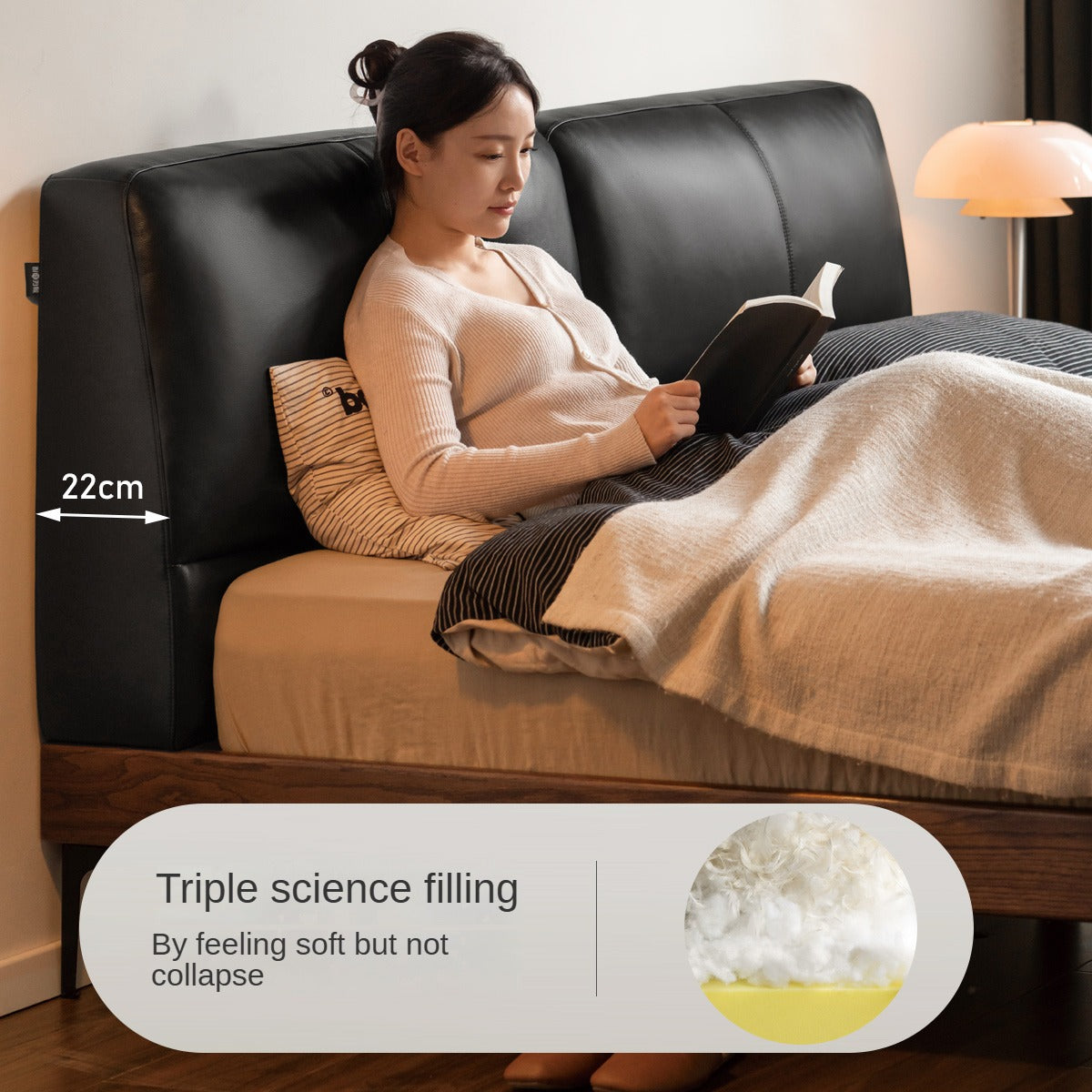 Oak,Black Walnut Solid Wood Soft Genuine Leather Bed Light Luxury