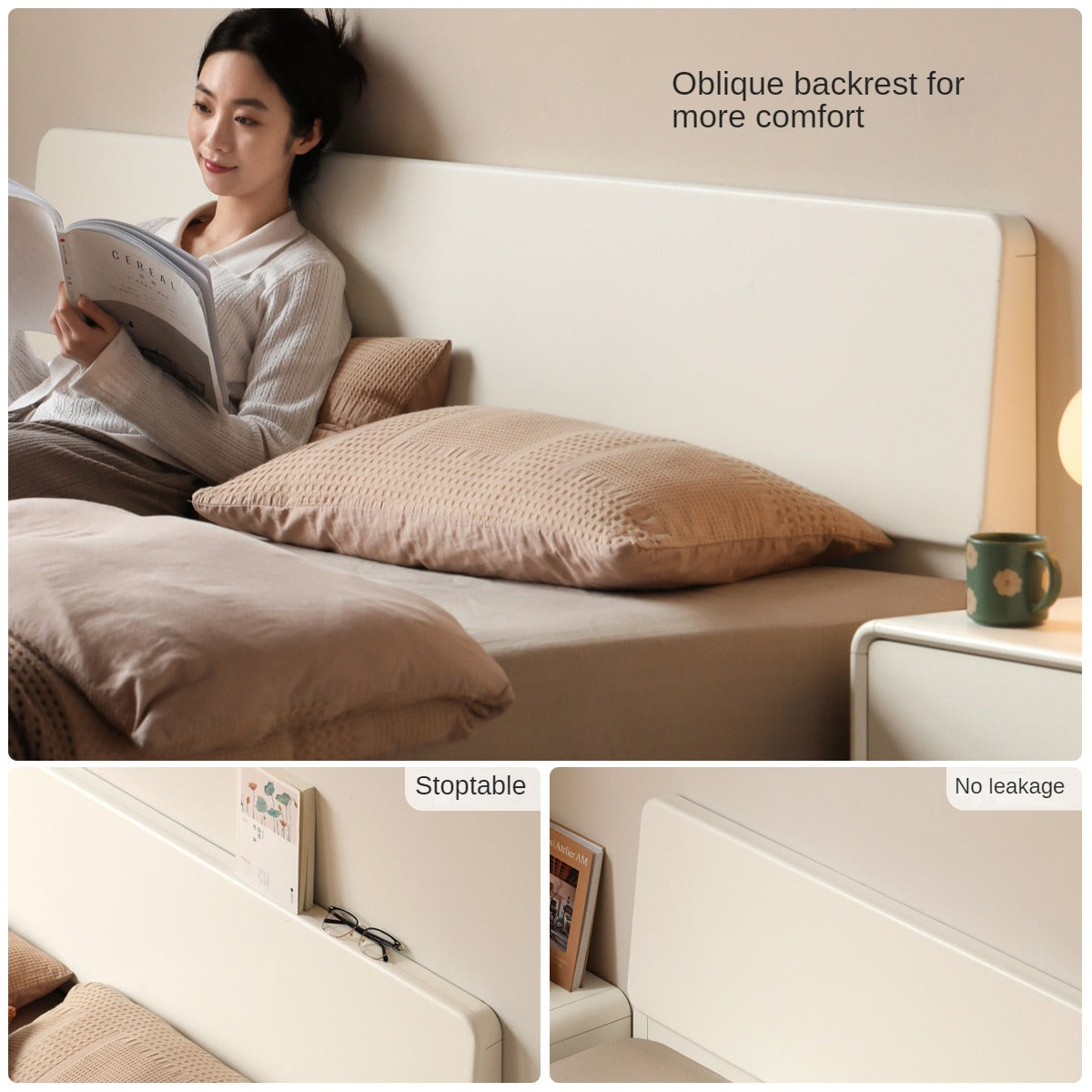 Poplar, Rubberwood Solid Wood Bed Modern Simple Cream Style