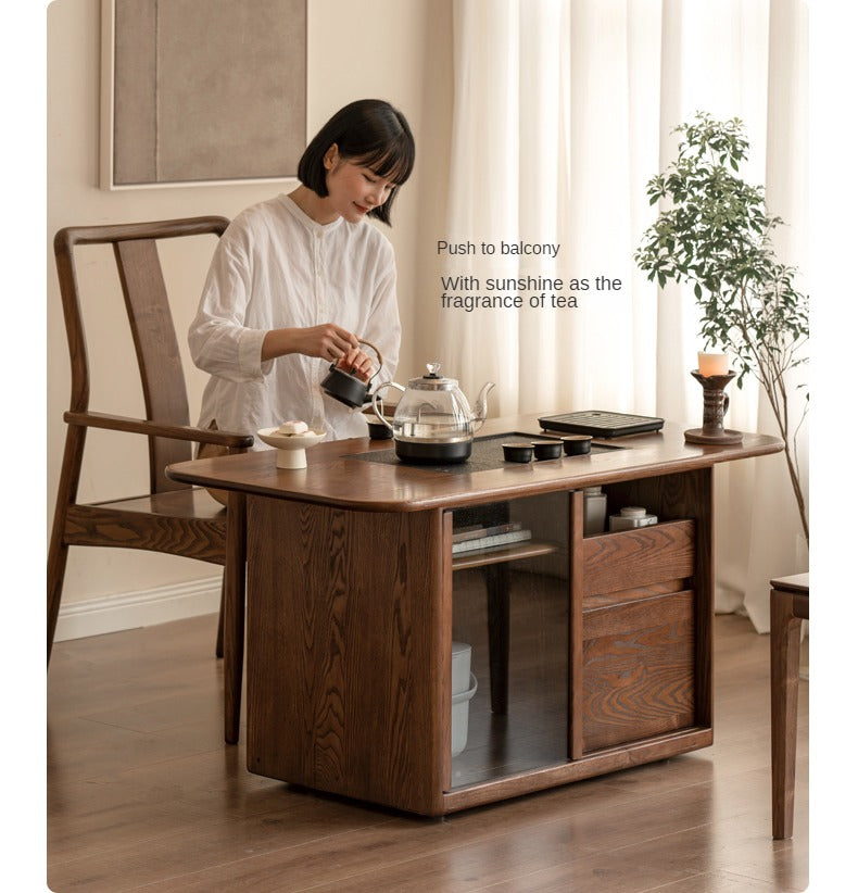 Ash Solid Wood Mobile Tea Brewing Integrated Tea Table