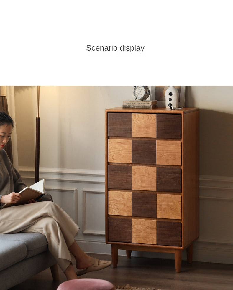 Cherry Solid Wood Retro Chest of Drawers Checkerboard