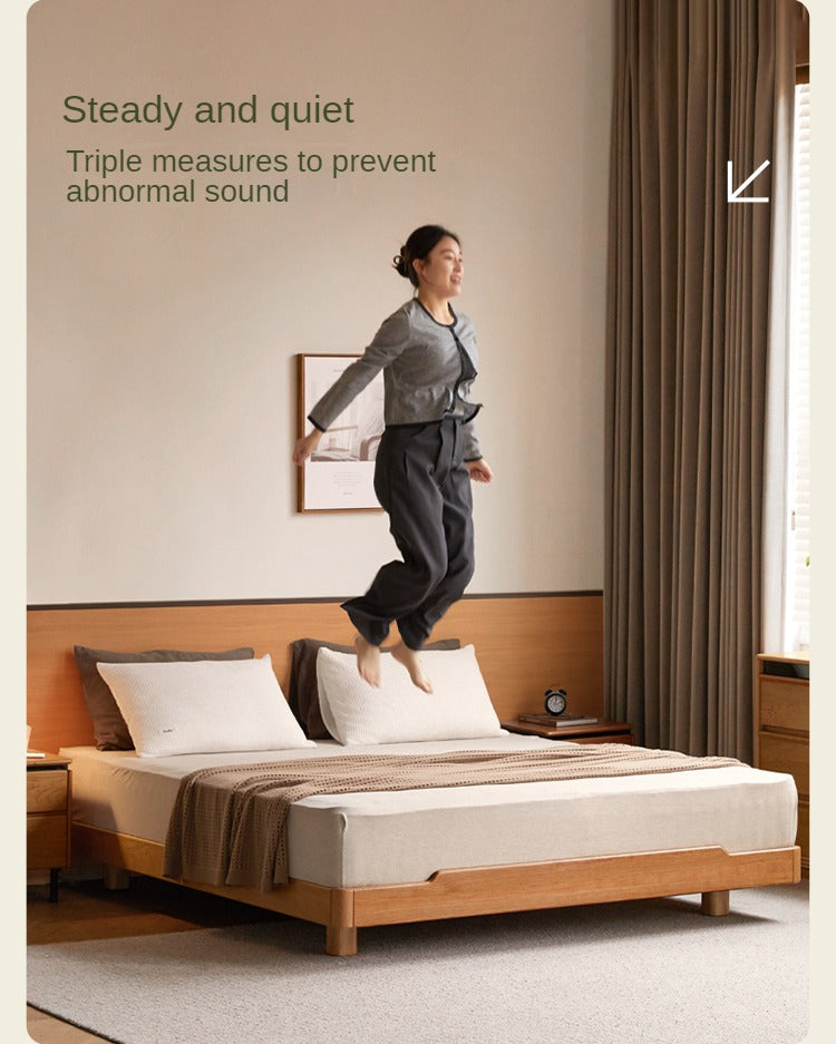 Cherry Wood Solid Wood platform bed, headboard-free bed with Light.